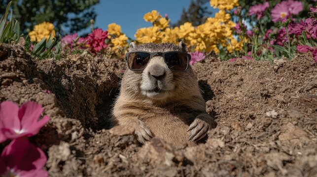 Cool groundhog wearing sunglasses peeking out of burrow.