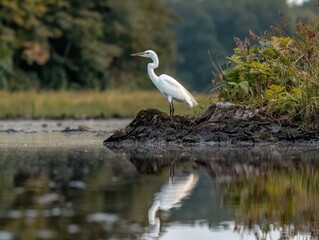 Obraz premium Elegant great egret stands serenely on a mossy rock.