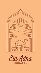 Beautiful Eid Adha Mubarak greeting card design featuring a camel and lambs Line Art Illustration