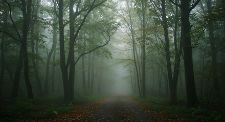 Obraz premium Mysterious Foggy Forest Path Misty Woodland Road Autumn Trees
