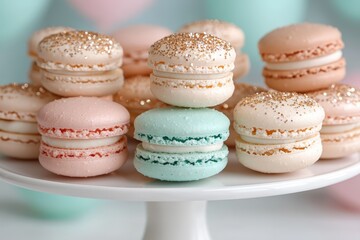 Fototapeta premium Pastel macarons with glitter on a white cake stand.