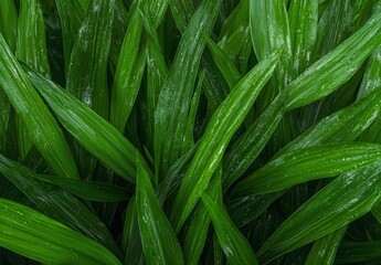 Obraz premium Lush green foliage with glistening water droplets after rainfall.
