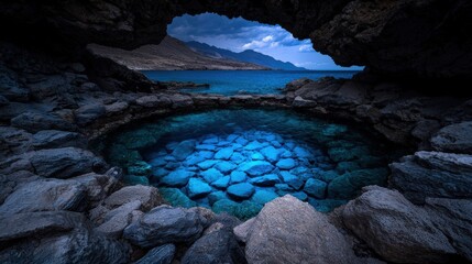 Crystal clear turquoise pool inside a rocky ocean cave.