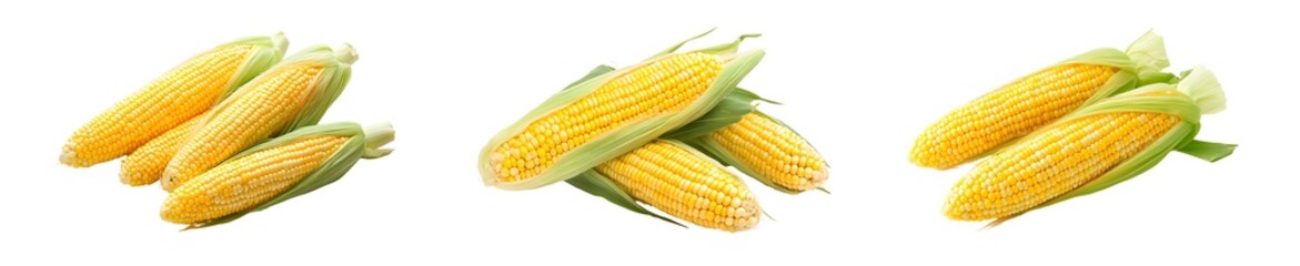 set of Fresh corn cobs arranged in a group. isolated on transparent background