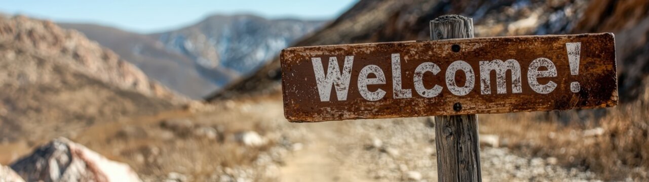 Rustic welcome sign on a hiking trail in mountains.