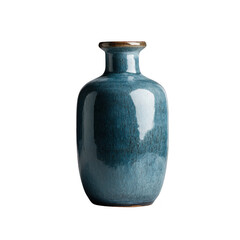 Glossy blue ceramic vase with narrow neck and rounded body, reflecting light beautifully. vase smooth surface and elegant design make it perfect decorative piece for any modern interior