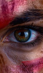 Naklejka premium Intense close-up of a hazel eye with red face paint.