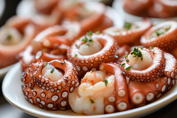 Catered dishes with octopus and shrimp on small white plates for a wedding party or business event, a festive meal
