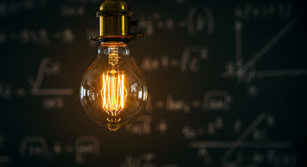 Illuminated Vintage Light Bulb Against Dark Chalkboard Displaying Mathematical Equations and Formulas