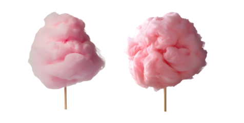 Two fluffy cotton candy pieces on sticks. isolated on transparent background