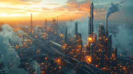 A bustling industrial landscape, where pipelines transport a symphony of petrochemicals, gases, and oils to a furnace factory, where heat transforms raw materials into refined products. A network 