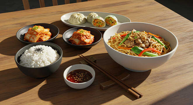 Delicious Asian Cuisine Noodles Rice Kimchi Dumplings and Spring Rolls