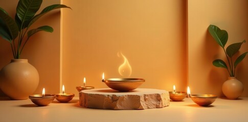 Elegant Diwali product showcase Beige backdrop, stone pedestal, glowing lamps , clean, design