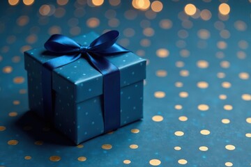 Obraz premium Elegant dark blue gift box on polka dot paper Happy Father's Day greeting , top view, background, polka dot
