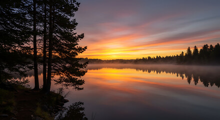 Fototapeta premium Serene Sunrise over Misty Lake with Silhouetted Pines Reflecting in Calm Water