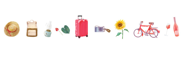Icon illustration set vector images of various fashionable travel goods, sunflowers and hats.