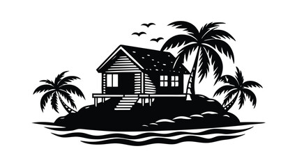  silhouette of tropical house with island and palm tree 