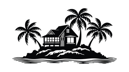Obraz premium silhouette of tropical house with island and palm tree 