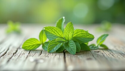 Bright sprigs of green mint leaves glisten on a rustic wooden table under soft, filtered light.