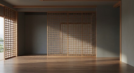 Empty room, Wood latticed screen in Japanese architectural interior decoration