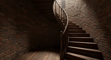 Inside of an old brick tower with a wooden stairs.