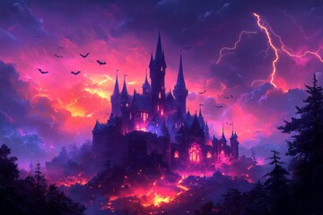 Gothic castle fiery sunset, bats, storm; Halloween fantasy art