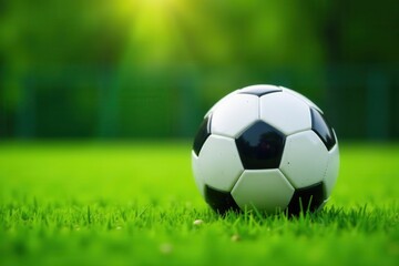 Obraz premium Soccer ball in goal, lush green field background , white, tournament, grassy