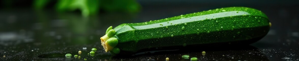 Vibrant green zucchini, glistening wet; sleek black enhances its beauty , detail, summer, healthy