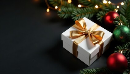 White gift box, golden ribbon, New Year baubles, sparkling garland, black background , gold, box, white box