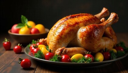Whole roasted turkey & fruit stuffing, dark background, Christmas setting , delicious, fruit