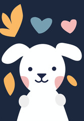 Adorable White Puppy Illustration with Hearts and Leaves