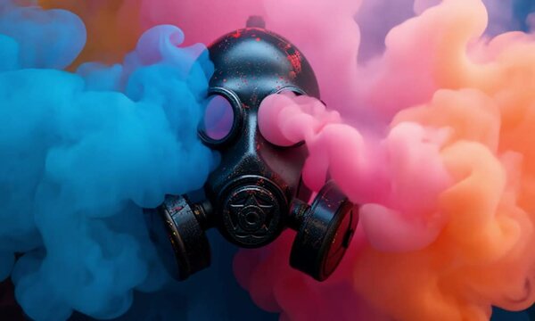 Protective mask surrounded by colored smoke.