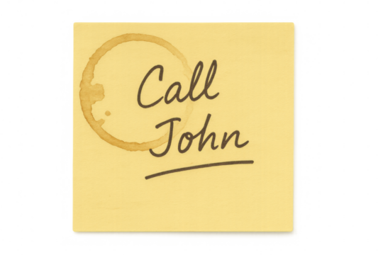 Yellow sticky note with handwritten reminder for john, coffee cup stain visible, resting on transparent background - Powered by Adobe