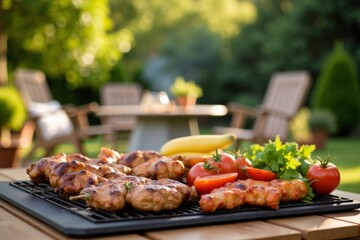 Grilled chicken skewers on a patio table.