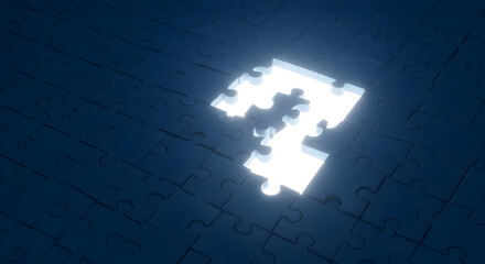 Jigsaw Puzzle Dark Blue with Missing Question Mark Shape Illuminated in a Conceptual Design