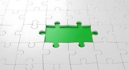 Jigsaw Puzzle with a Missing Piece Showing Green Background Problem Solving Concept