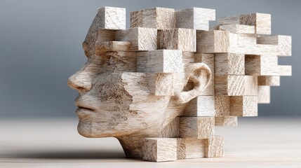 Intricate wooden sculpture depicting a woman's head symbolizing artistic expression and adaptive thinking in design