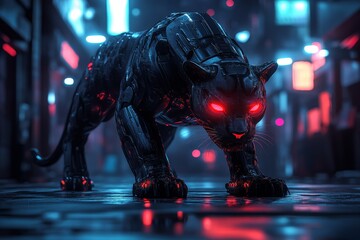 Robotic panther city night cyberpunk art