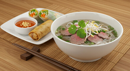 Delicious Vietnamese Pho with Spring Rolls and Dipping Sauce