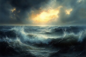 Obraz premium Dramatic ocean sunset, waves crashing, storm clouds, nature art