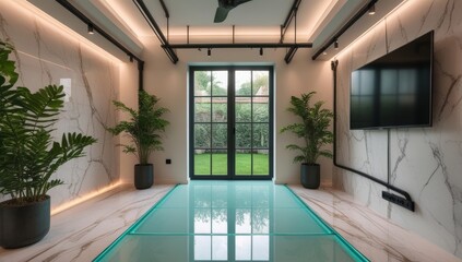 Modern interior design with marble walls glass floor and indoor plants creating tranquil atmosphere