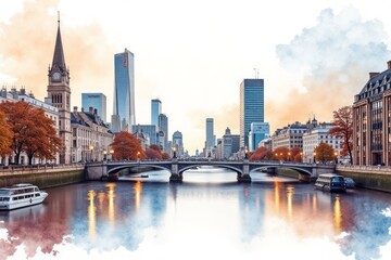 Obraz premium Cityscape with autumnal trees and a bridge over a river at dawn.