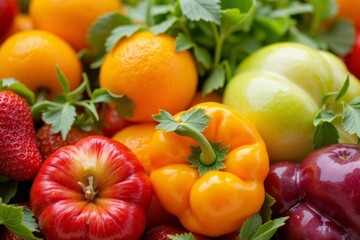 Close-up view of a colorful assortment of fresh fruits and vegetables.
