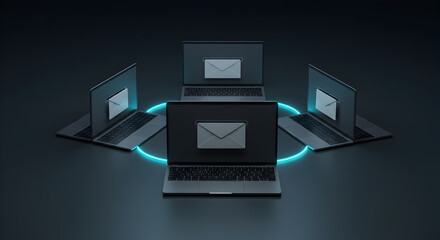 Laptops Forming Circle with Glowing Blue Light Displaying Email Icons on Dark Background Representing Network Communication