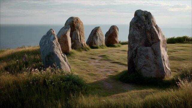 Coastal megalithic stone circle formations on grassy hill overlooking ocean, bathed in warm light, creates a tranquil, ancient atmosphere.