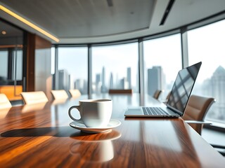 White coffee cup with laptop computer on office table for business concept, in clean office.