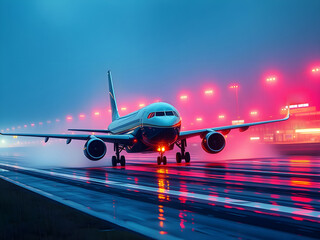 Passenger airplane on run way, Generative AI Illustration.