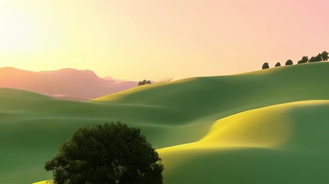 Overhead, static shot: Rolling hills in pastel greens with minimal trees, bathed in the warm light of a golden hour gradient sky. The scene is rendered in an aerial flat vector design