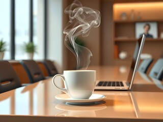 White coffee cup with laptop computer on office table for business concept, in clean office.