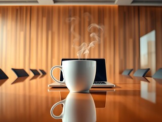 White coffee cup with laptop computer on office table for business concept, in clean office.